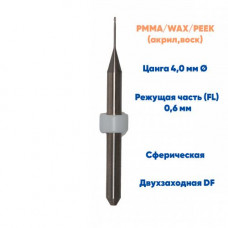 Фреза VPT для PMMA, PEEK, WAX Aidite AMD-500 (0.6 mm, L-16 mm, сферическая, двухзаходная, цанга 4 мм)
